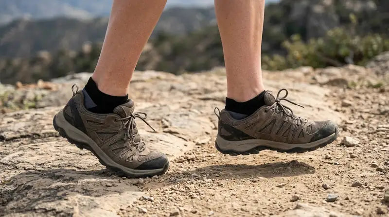 Hiking scene with an illustration of moisture moving through the sock toward the cuff