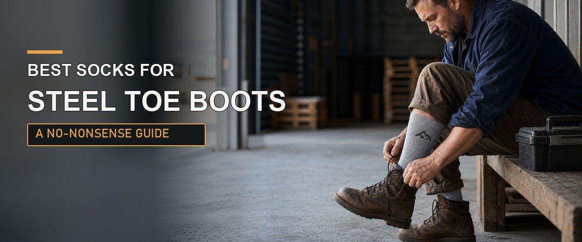 Worker wearing Hywell Merino boot socks with steel toe work boots on a concrete warehouse floor