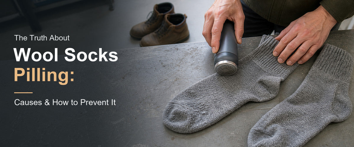 Worker removing pills from gray wool socks with a fabric shaver