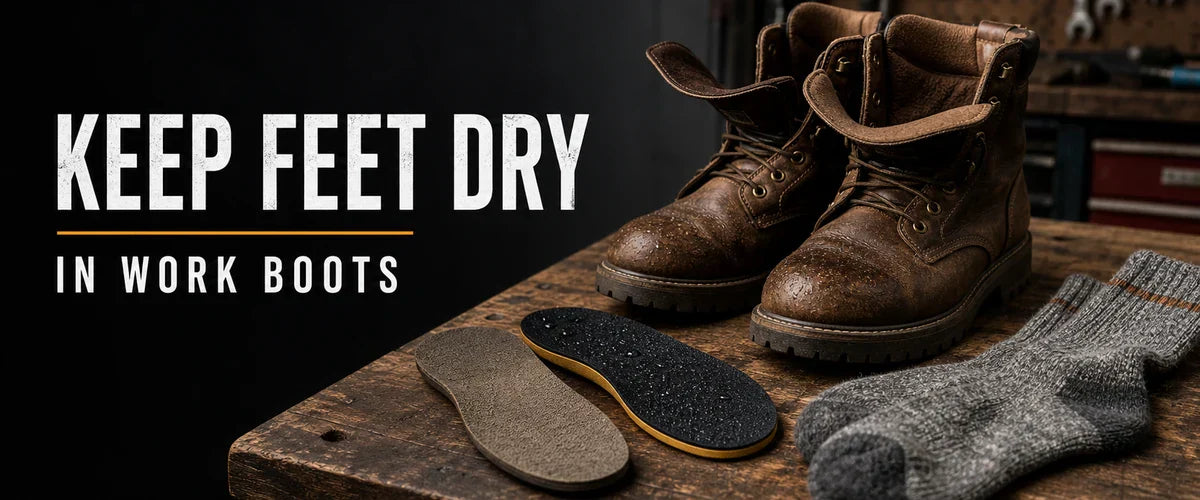 Work boots, insoles, and wool socks for keeping feet dry in work boots