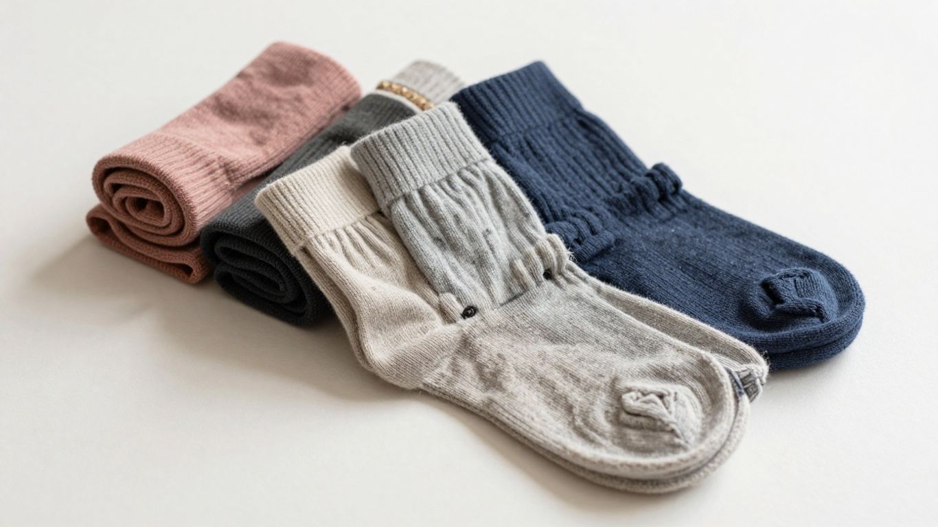 Neatly folded and rolled wool socks on a light surface.