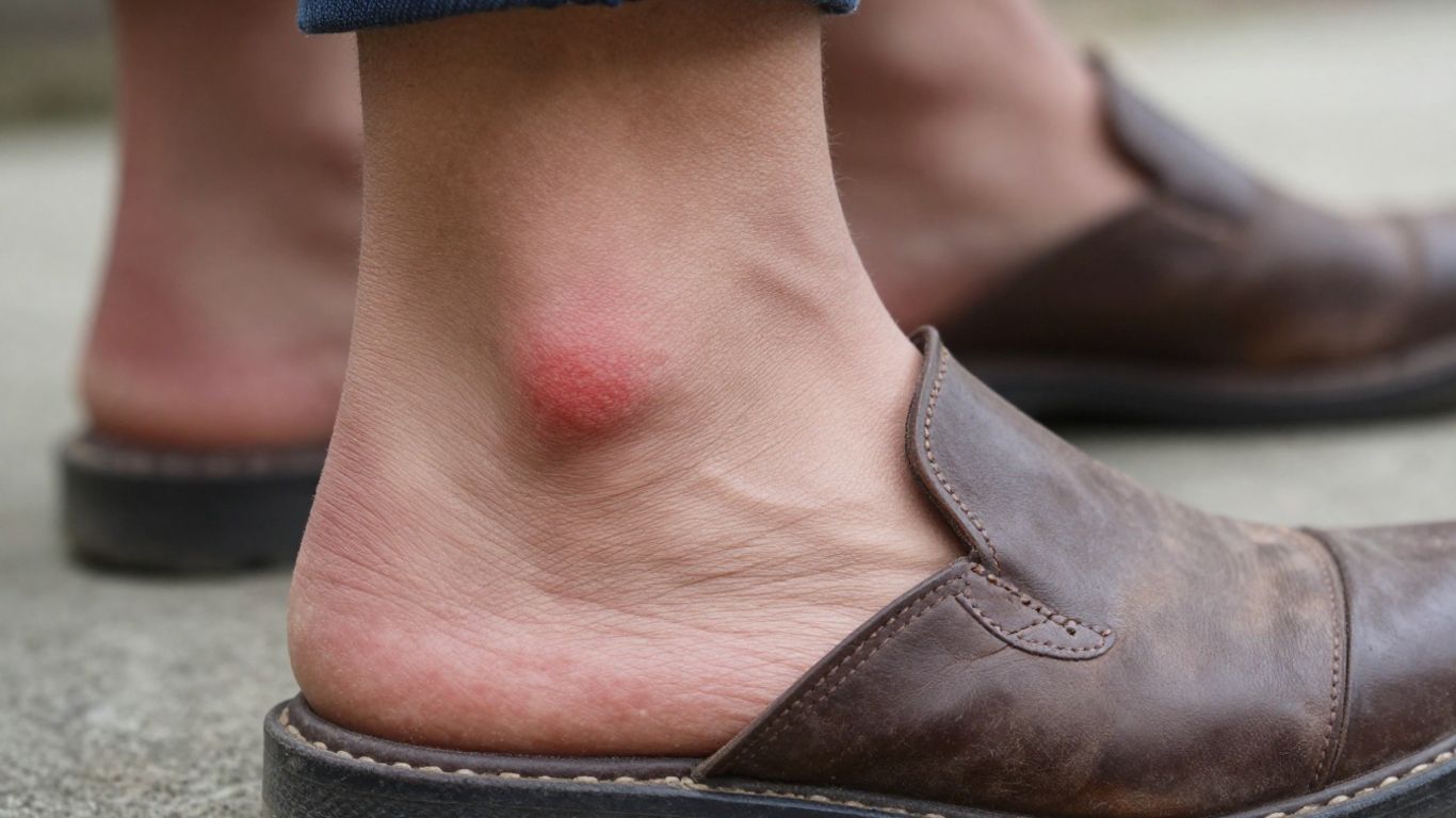 Feet in boots with a blister on the heel.