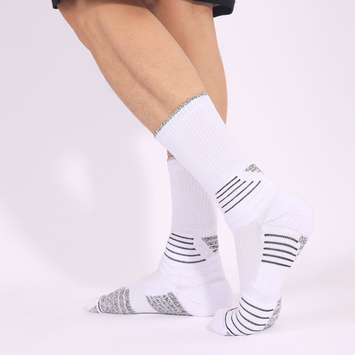 A Man Wearing White Black Breathable Compression Basketball Crew Socks
