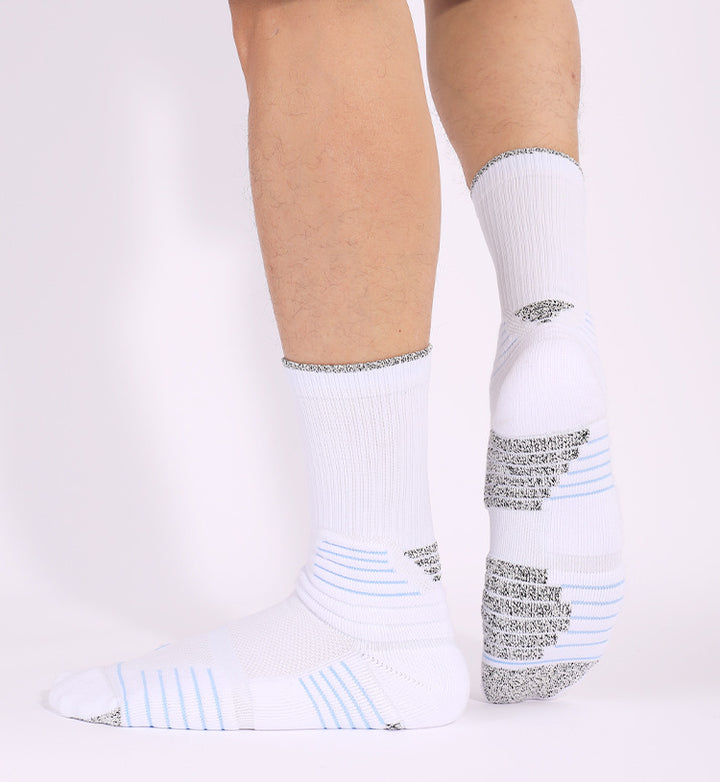 A Man Wearing White Blue Breathable Compression Basketball Crew Socks