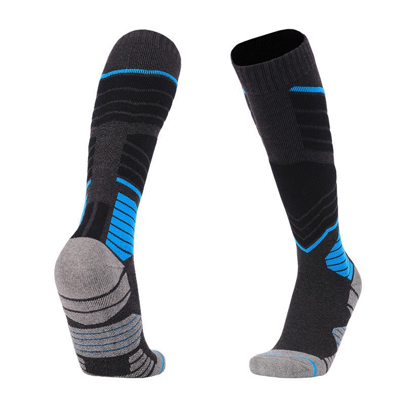 Black and blue thick padded skiing over the calf socks for shock absorption and warmth on snowy terrain.