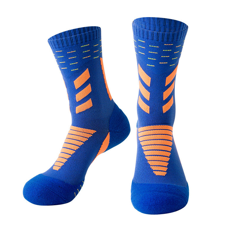 Blue men's basketball socks with thick padding and moisture-wicking fabric for comfort and performance on the court.