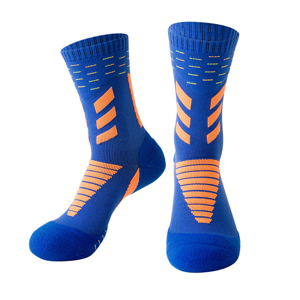 Blue men's basketball socks with thick padding and moisture-wicking fabric for comfort and performance on the court.