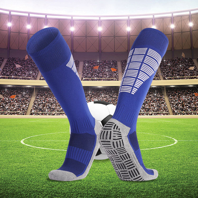Blue soccer grip socks with anti-slip design for enhanced performance.