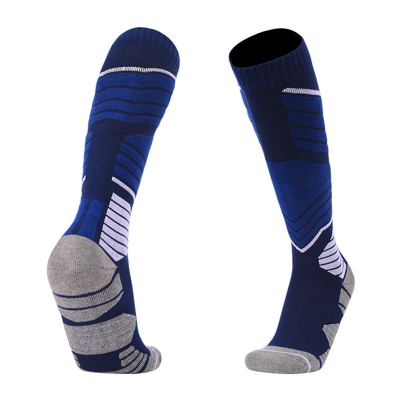 Blue thick padded skiing over the calf socks with reinforced heel and toe for durability during skiing