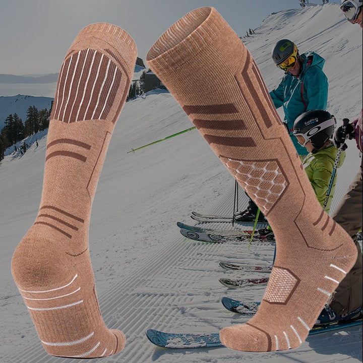 Brown Merino Wool Cushioned Warm Skiing Over The Calf Socks-1