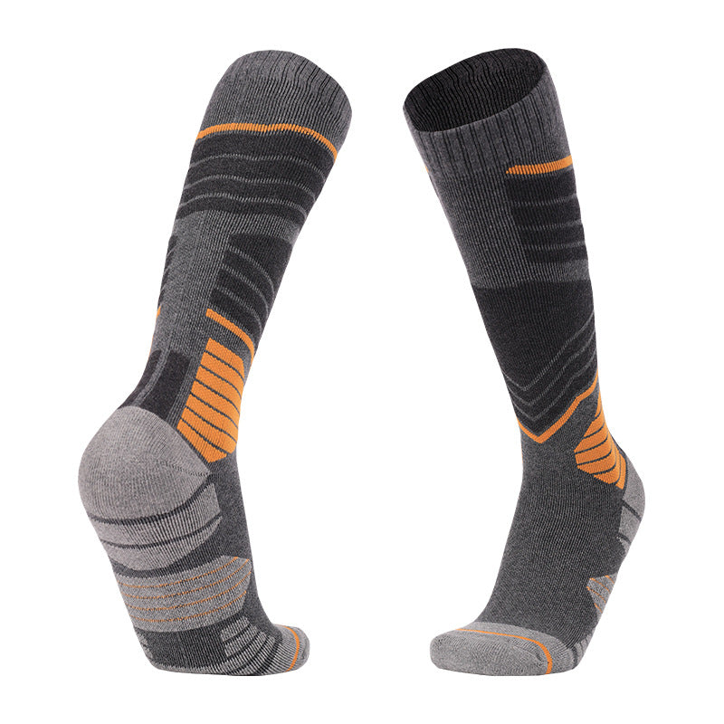 Grey and orange thick padded skiing over the calf socks offering extra cushioning for long ski sessions