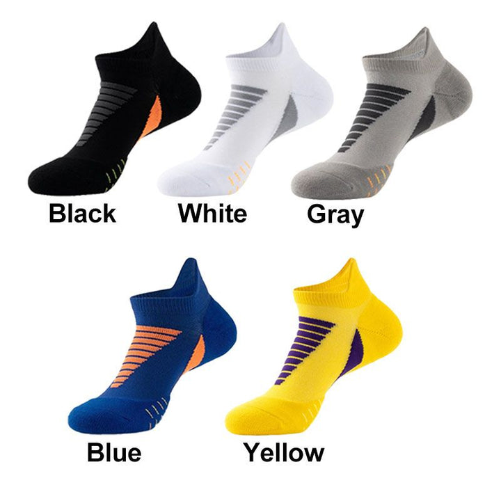 Hywell Thick Padded athletic ankle socks in 5 colors — black, grey, white, blue, and yellow — soft cushioned design for active wear.