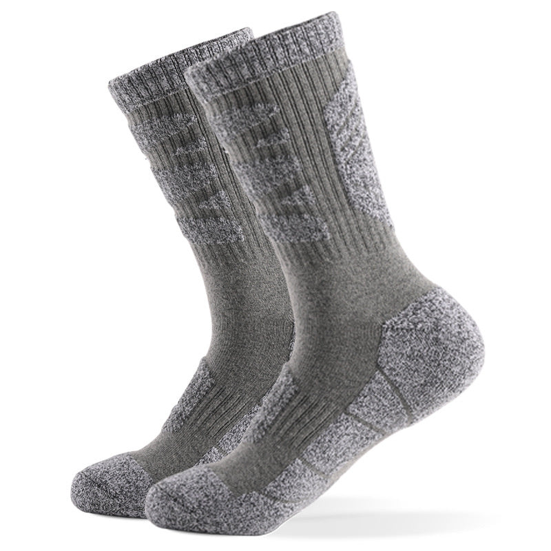 Light gray hiking crew socks with arch support and padded design