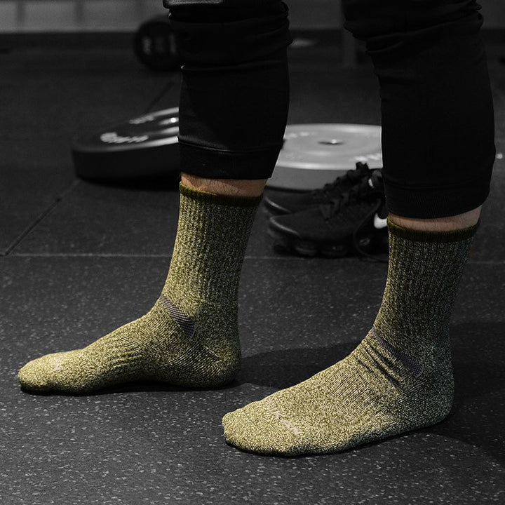 Men Wearing Dark Green Coolmax® Merino Wool Hiking Crew Socks
