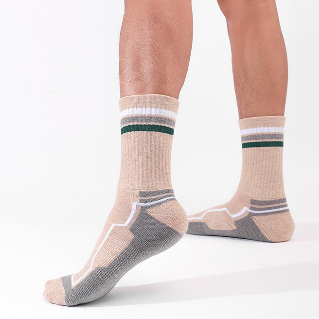 Men Wearing Khaki Merino Wool Thick Padded Basketball Crew Socks
