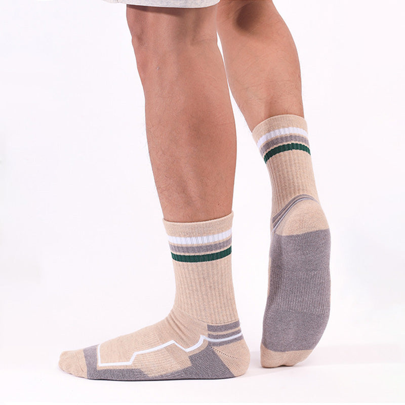Men Wearing Khaki Merino Wool Thick Padded Basketball Crew Socks-1