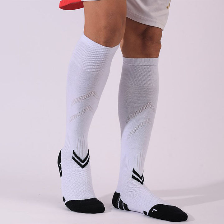 Men wearing white thick padded compression calf socks