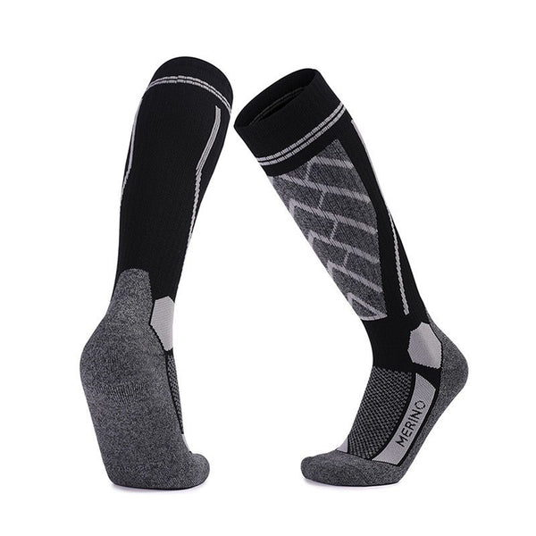Merino Wool Skiing Over The Calf Socks in black and gray, thermal and cushioned for winter sports