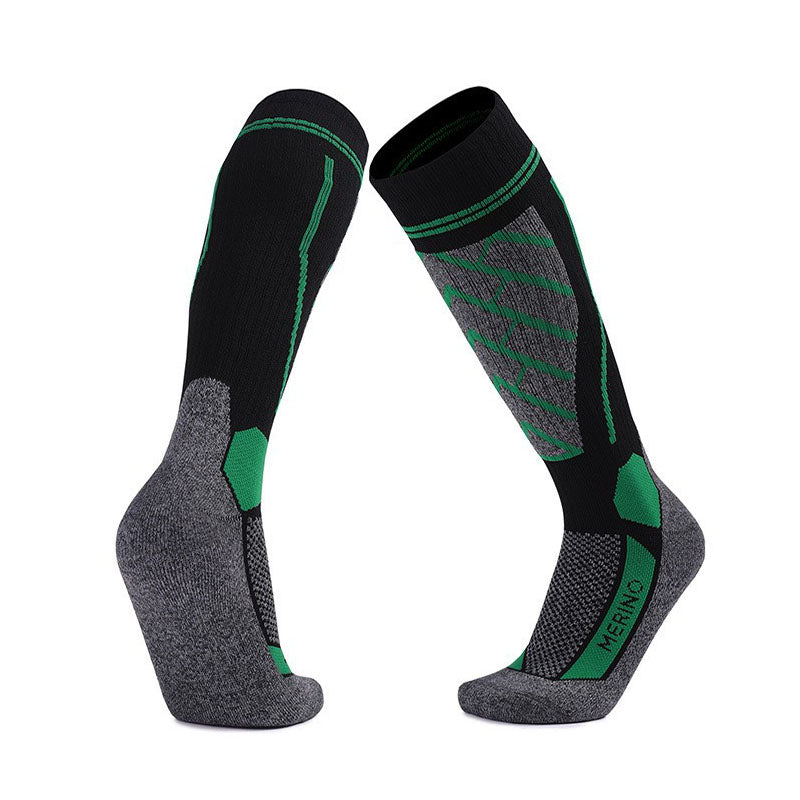 Merino Wool Skiing Over The Calf Socks in black and green, warm and breathable for snowboarding and skiing