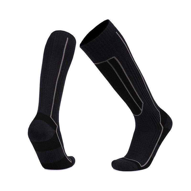 Merino wool over the calf skiing socks in black, designed for warmth and compression on the slopes