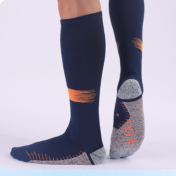 Wearing Navy Coolmax® Compression Running Over The Calf Socks