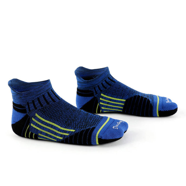 Blue compression running socks providing breathability and cushioning for enhanced performance.