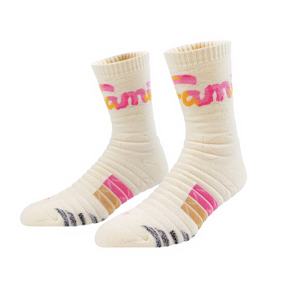 Beige padded socks with bold pink graphics, combining support and style for active use.