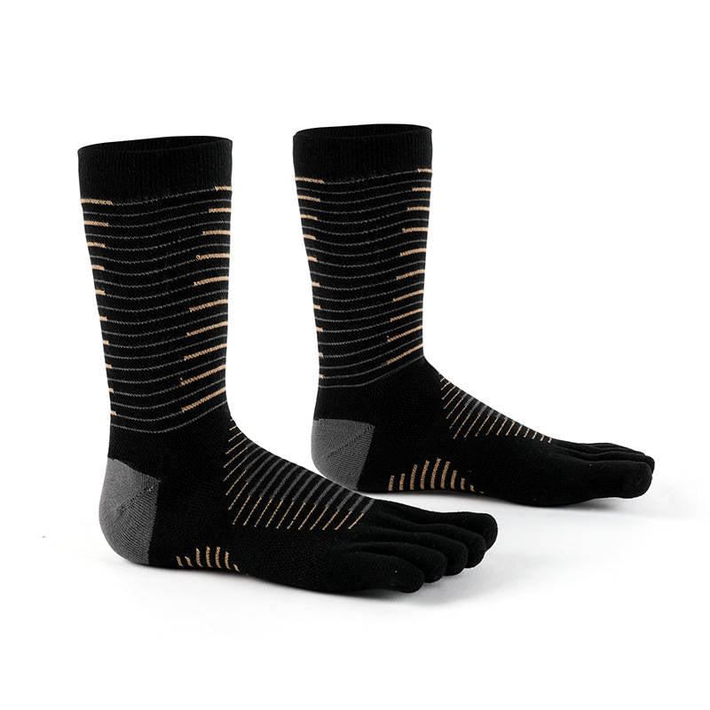 Black anti blister toe socks with orange stripes, offering targeted cushioning and toe separation for long-distance runs.