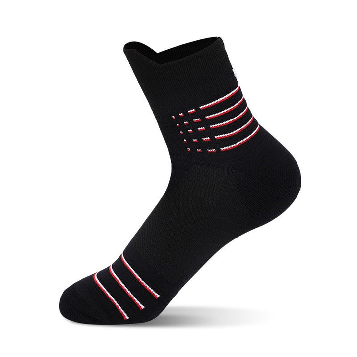 Black fitness socks with red-striped arch support, ideal for weightlifting and high-intensity workouts.