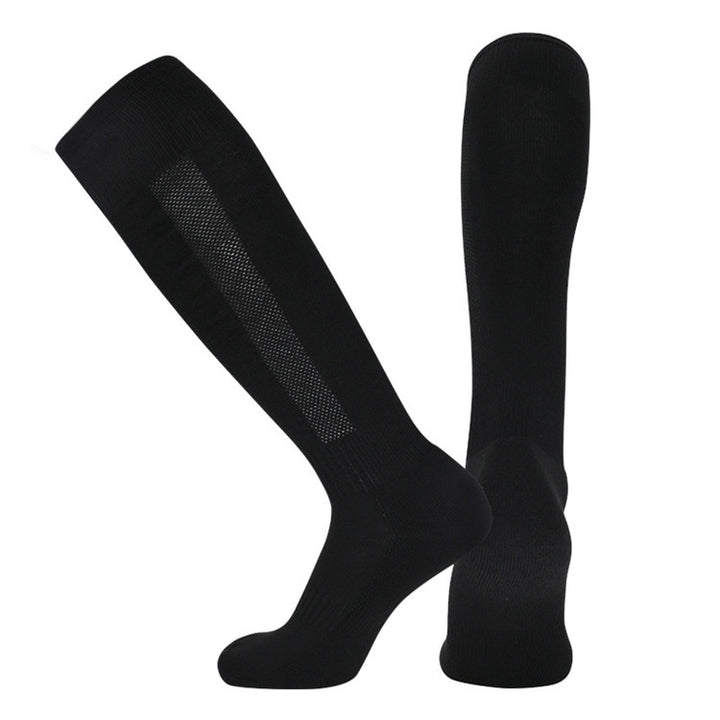 Black padded soccer socks with compression fit, great for durability and calf support in intense games.