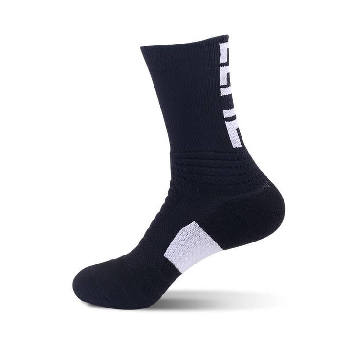 Black fitness socks with bold white text, offering breathability and support for gym sessions.