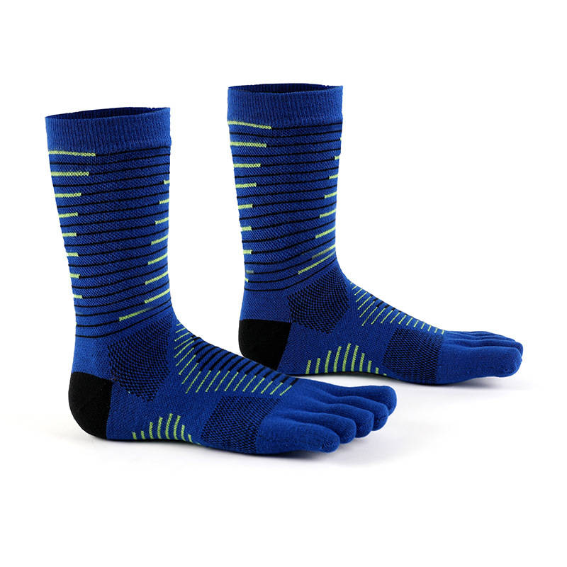 Blue anti blister toe socks with arch support and breathable fabric, designed for comfort during intense workouts.