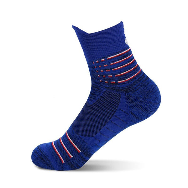 Blue fitness socks with red stripe detailing and ankle compression for gym and training support.