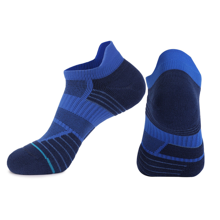 Blue cushioned running socks with breathable mesh for comfort and support.