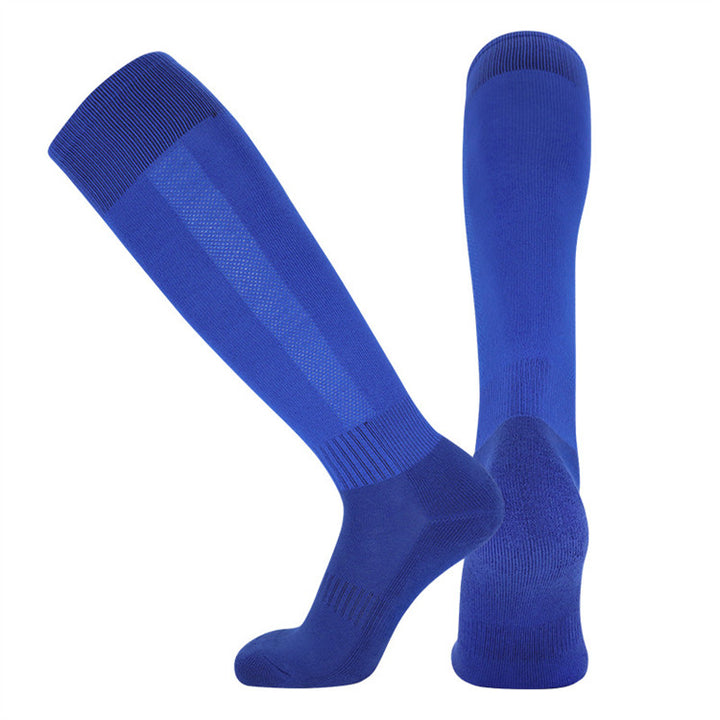 Blue padded soccer socks with cushioned soles and breathable mesh, ideal for match-day performance.