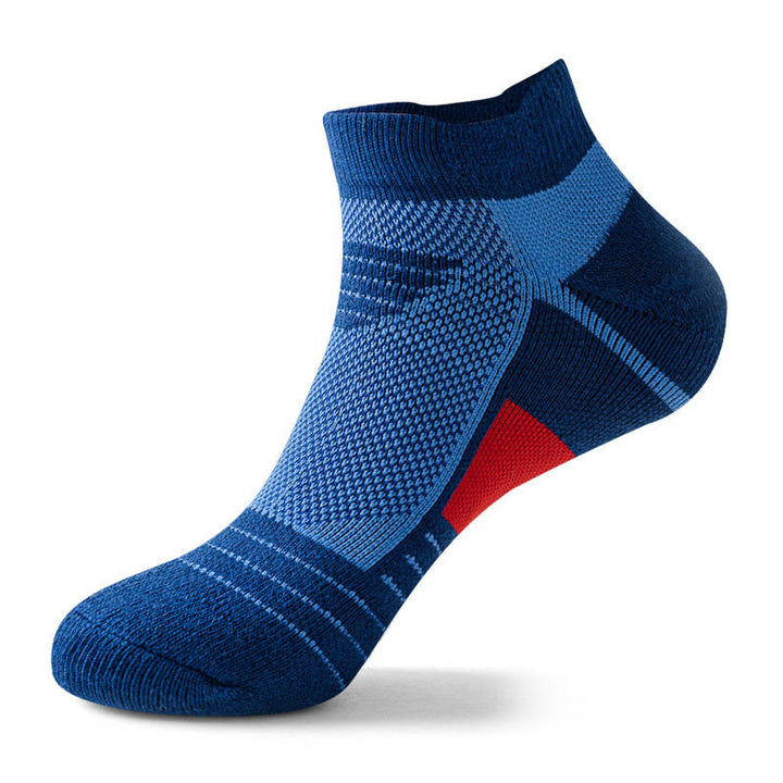 Blue cushioned socks for walking, designed for support and flexibility with a breathable structure.