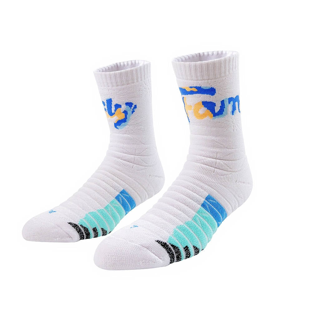 White padded socks with blue and teal detailing, built for comfort and shock absorption during movement.