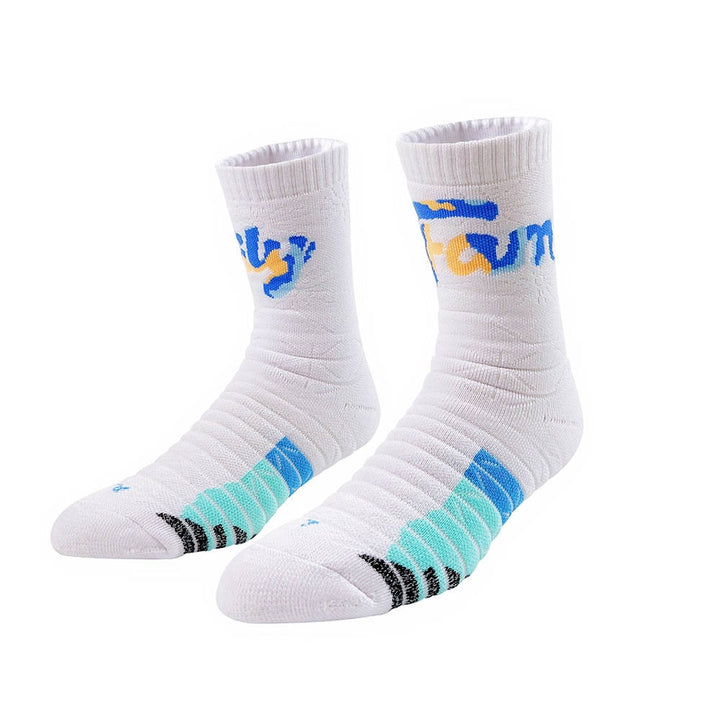 White padded socks with blue and teal detailing, built for comfort and shock absorption during movement.