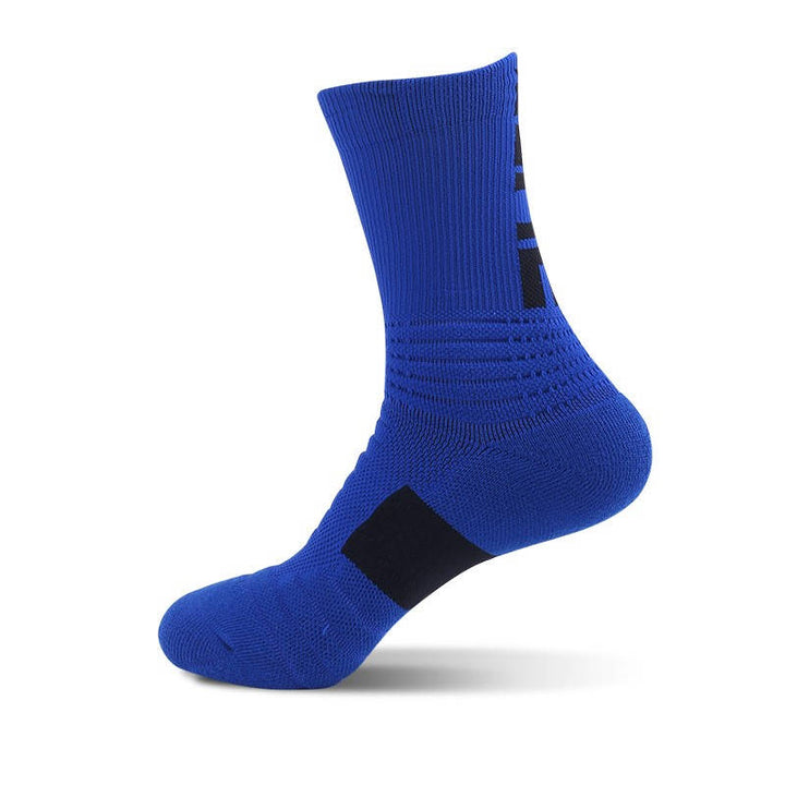 Blue fitness socks with black heel support, combining comfort and durability for fitness routines.