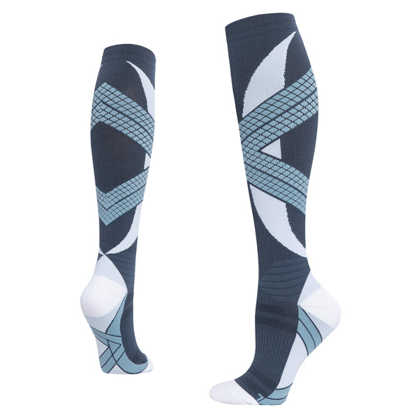 Gray and blue cushioned running socks with over-the-calf design and compression support for long-distance performance.