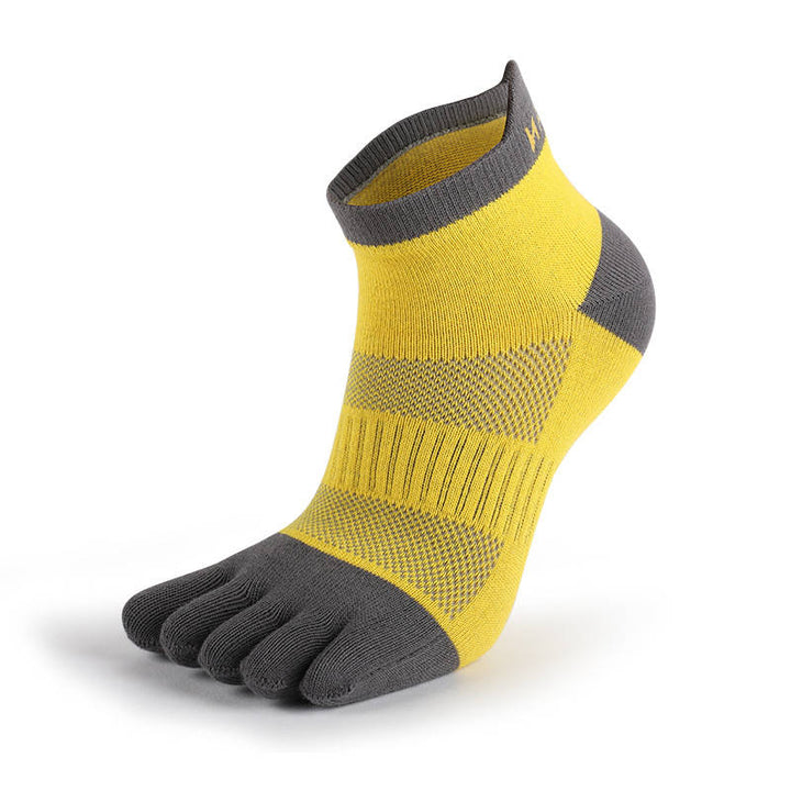 Yellow toe socks designed for running, offering comfort and breathability during intense workouts.