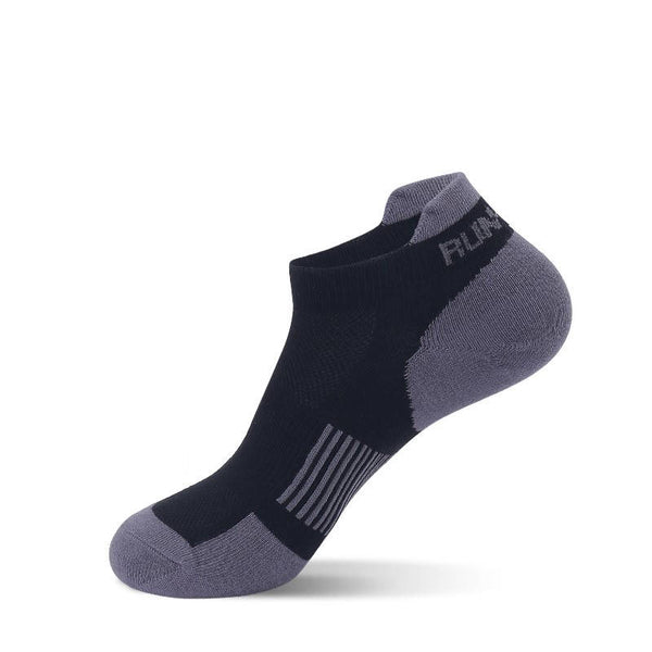 Black and purple thin running socks designed for comfort and support during workouts.