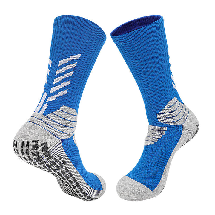 A pair of bright blue basketball socks with gray accents, designed with advanced features such as targeted cushioning, arch support, and breathability for optimal athletic performance.