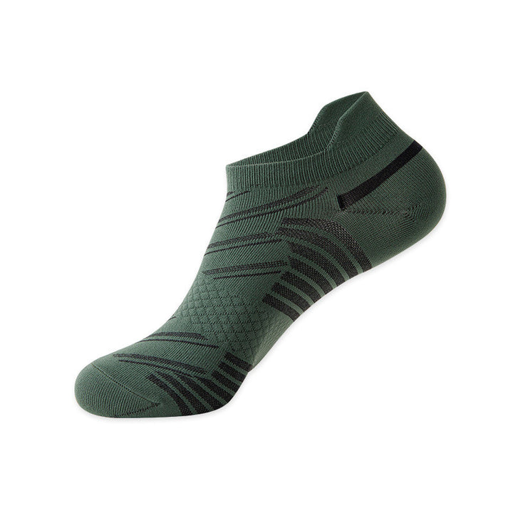 Dark green cushioned socks for walking with elastic support and shock absorption.
