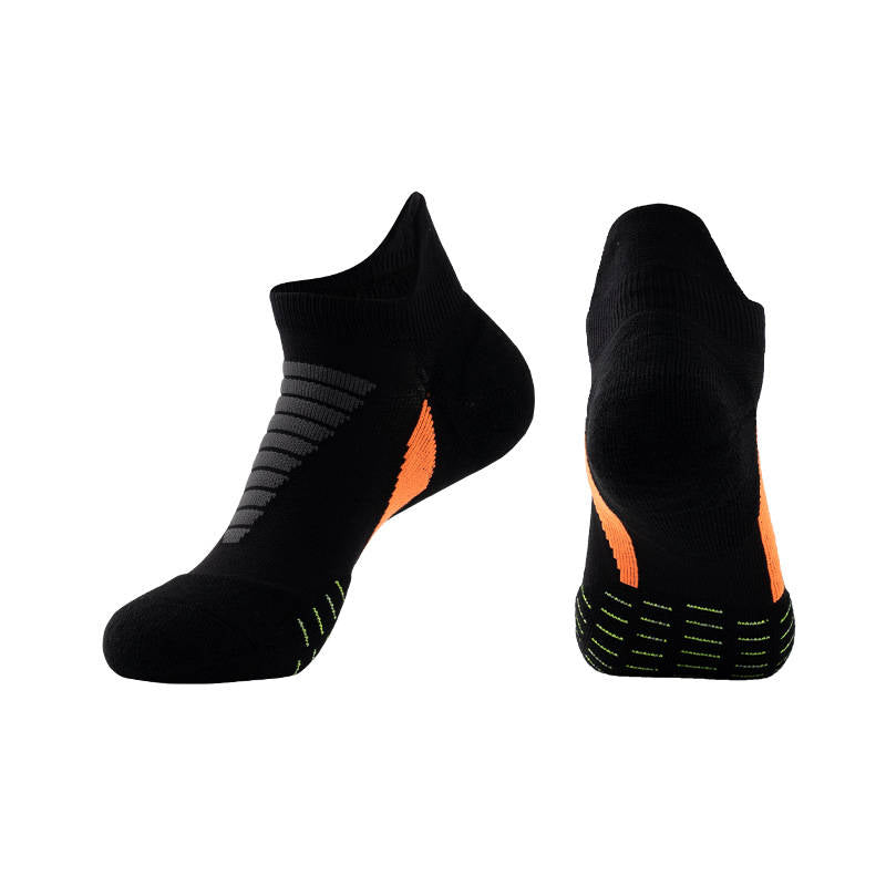 Black thick padded running socks with anti-slip features for secure footing during intense workouts.