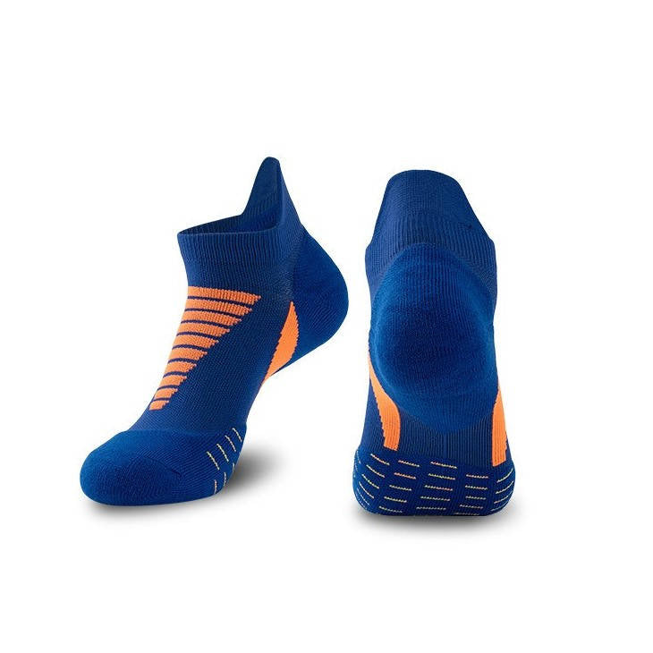 Blue thick padded running socks designed for comfort and support during long runs and intense workouts.