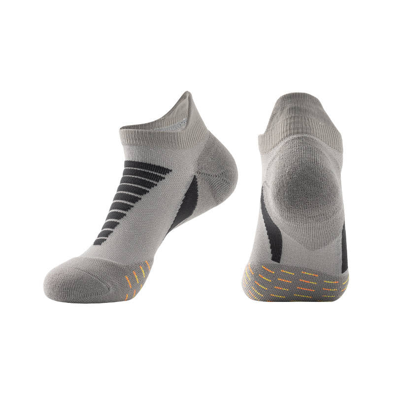 Gray thick padded running socks with cushioned support for comfort during intense workouts.
