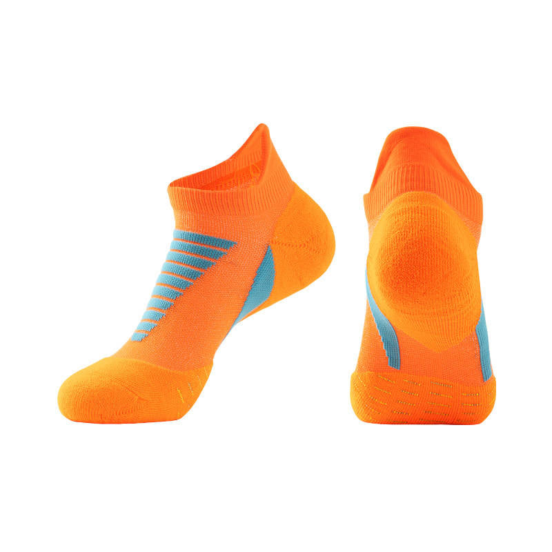 Orange thick padded running socks providing maximum comfort and impact reduction during high-intensity training.