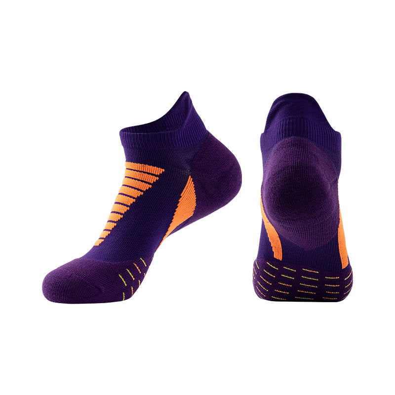 Purple thick padded running socks designed for durability and enhanced foot support.