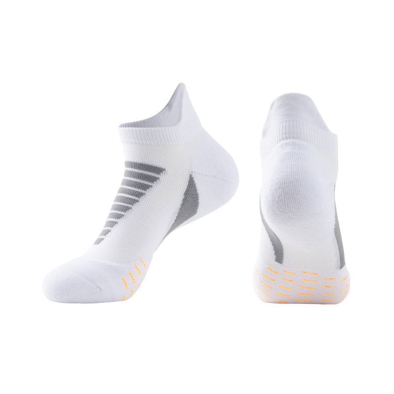 White thick padded running socks offering superior breathability and moisture-wicking for athletes.